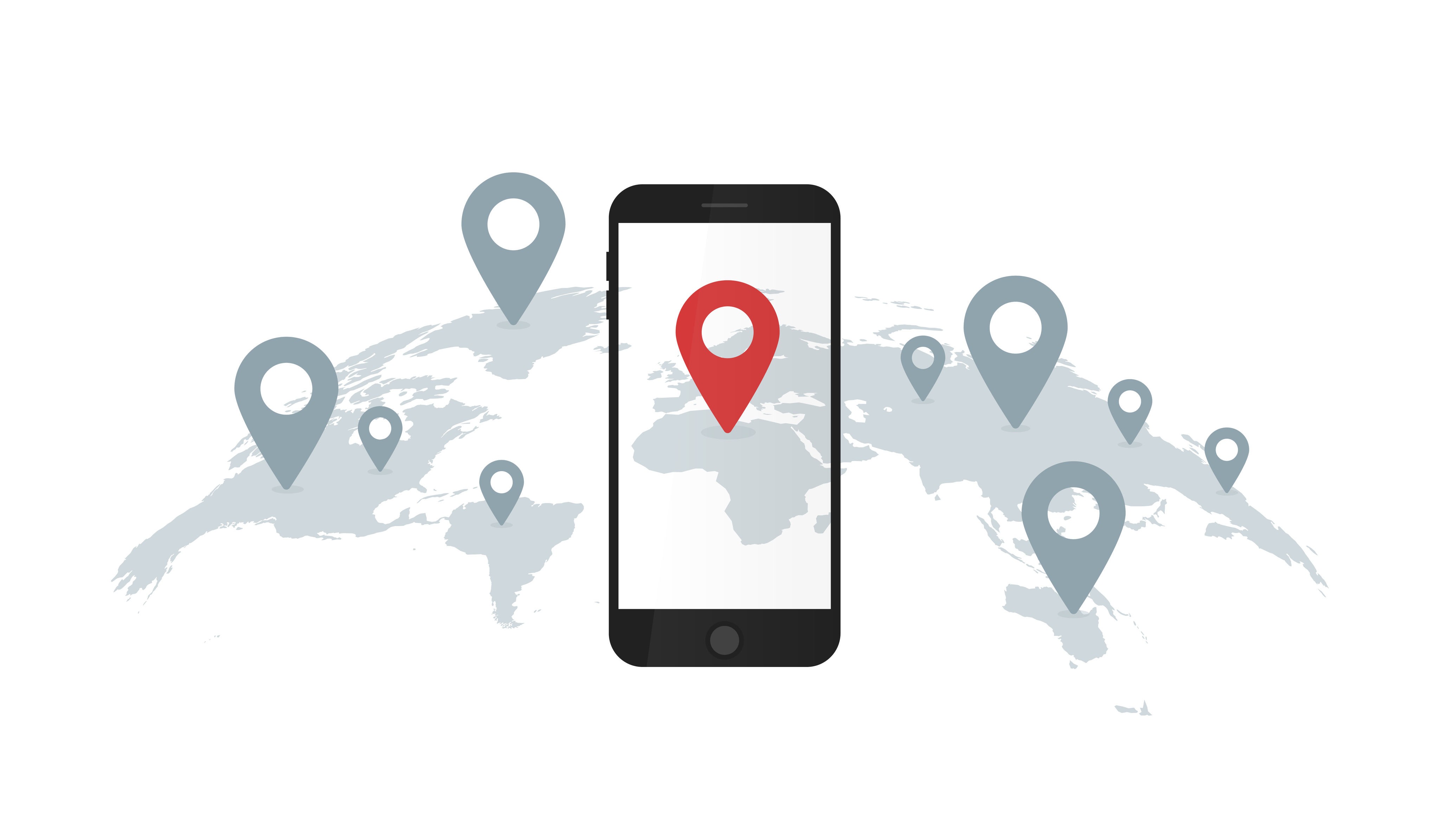 82751668 - vector illustration of world map and smartphone with geolocation pins.
